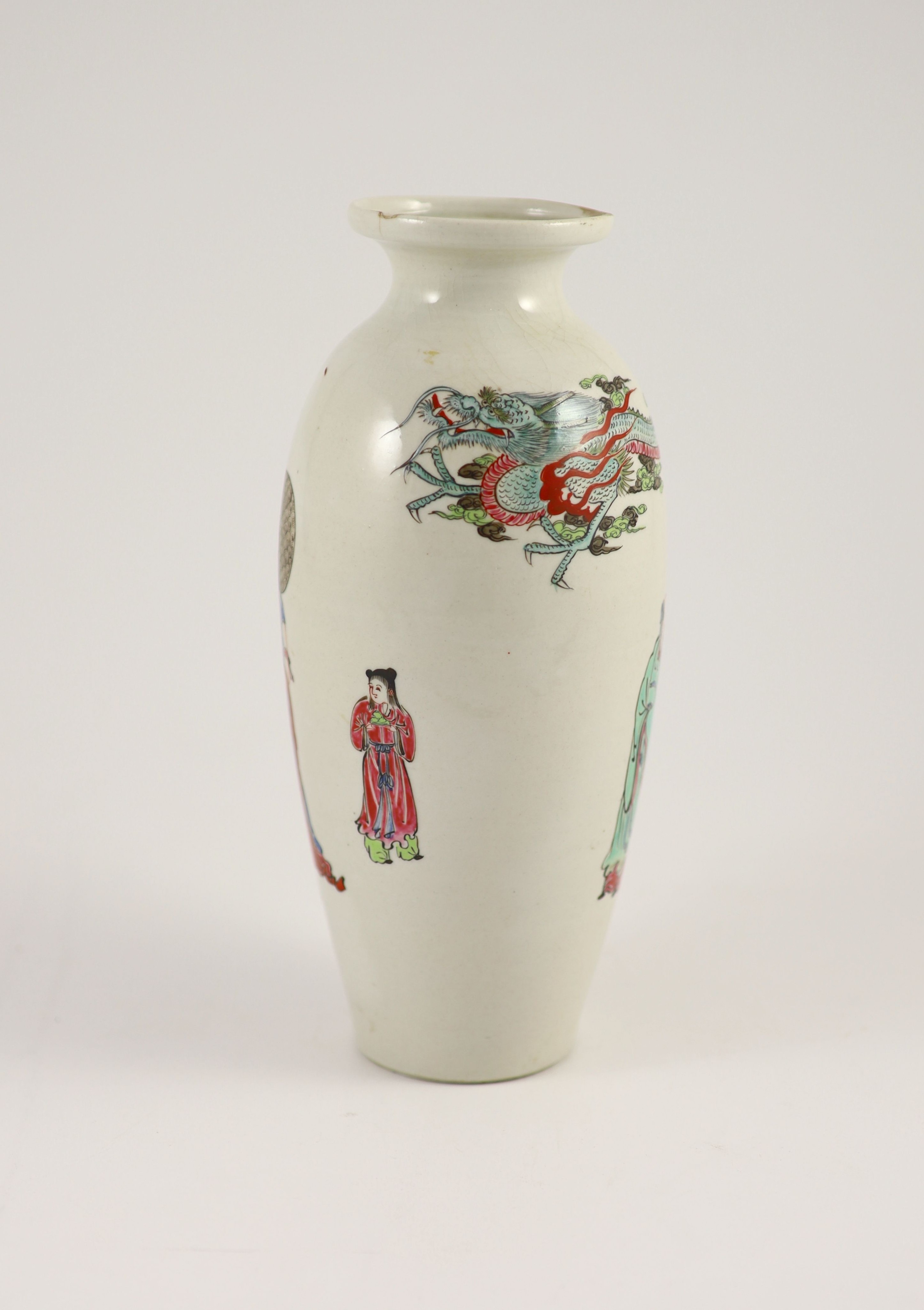 An unusual Worcester polychrome enamelled vase, c.1755-60, 24cm high, cracked, rim faults